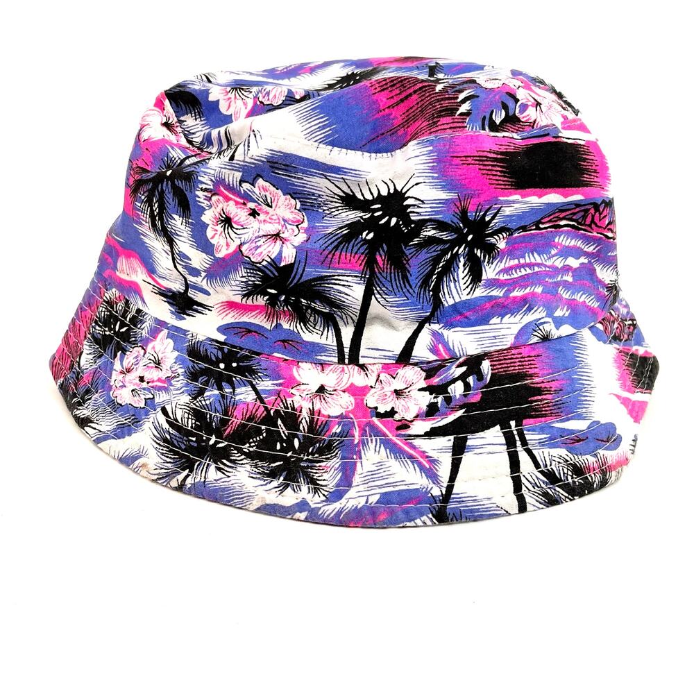 vintage reversible bucket hat Hawaiian palm floral print pink blue tan orange OS